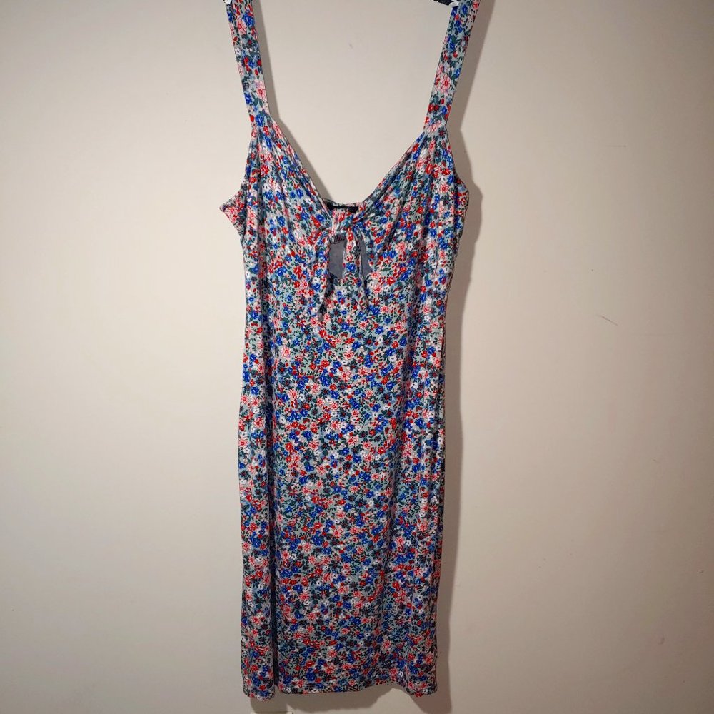 BCBG Paris Scattered Tie Front Sleeveless Floral Coquet Dress Size XXL Blue Pink